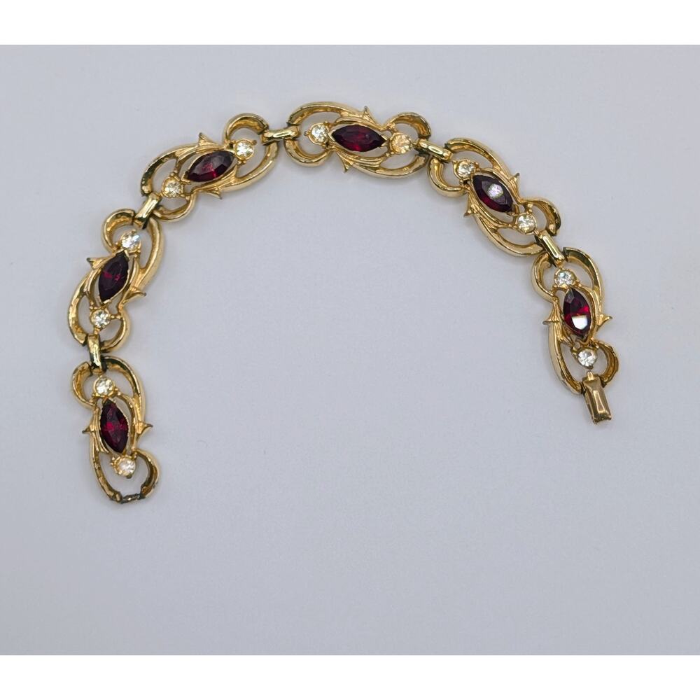Vintage Coro Gold‎ Tone Red Rhinestone Link Bracelet Signed Mid Century